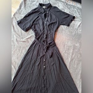Elegant Black Button-Up Tie-Belt Dress
